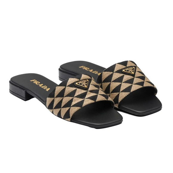 Prada Jacquard Triangle Logo Black Beige Tan Leather Slide Sandal Flat Mule 37.5 - Picture 5 of 16